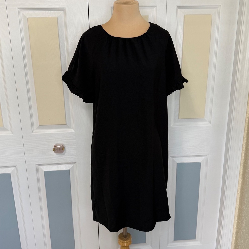Madewell Black Ruffle Tulip Sleeve Shift Dress XS K6093 Keyhole Back Crepe